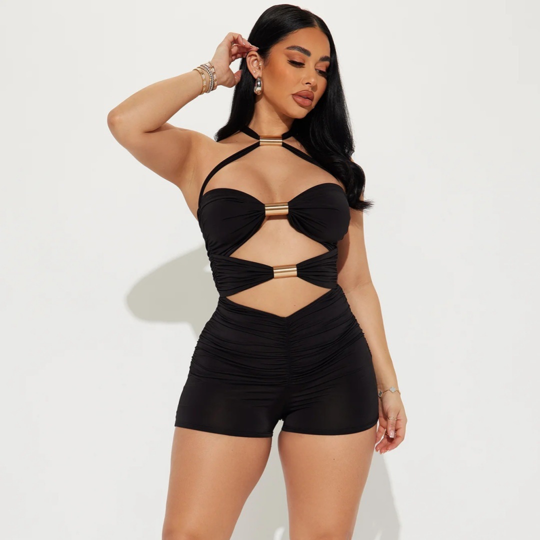 In-Stock European and American 2024 Women's Fashion Personality Hollow-Out Lace-Up Bow Halter Neck One-Piece Sexy Butt-Lifting Shorts for Women