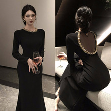 法式气质时尚礼服连衣裙2024秋冬新款名媛重工订钻露背荷叶边裙女