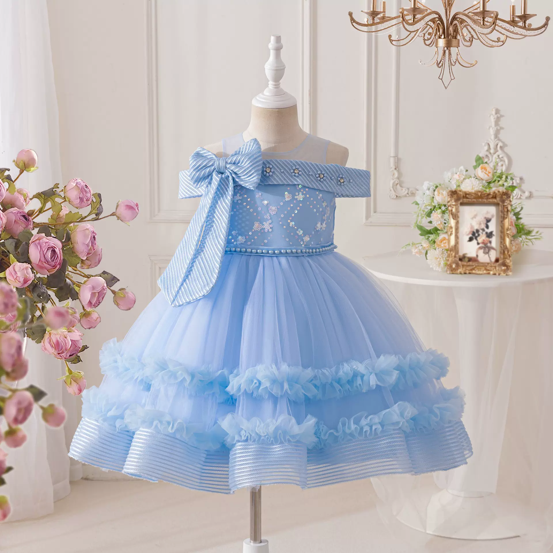 跨境儿童蓬蓬裙演出服吊带女童蝴蝶结纱裙亮片公主裙舞蹈表演服装