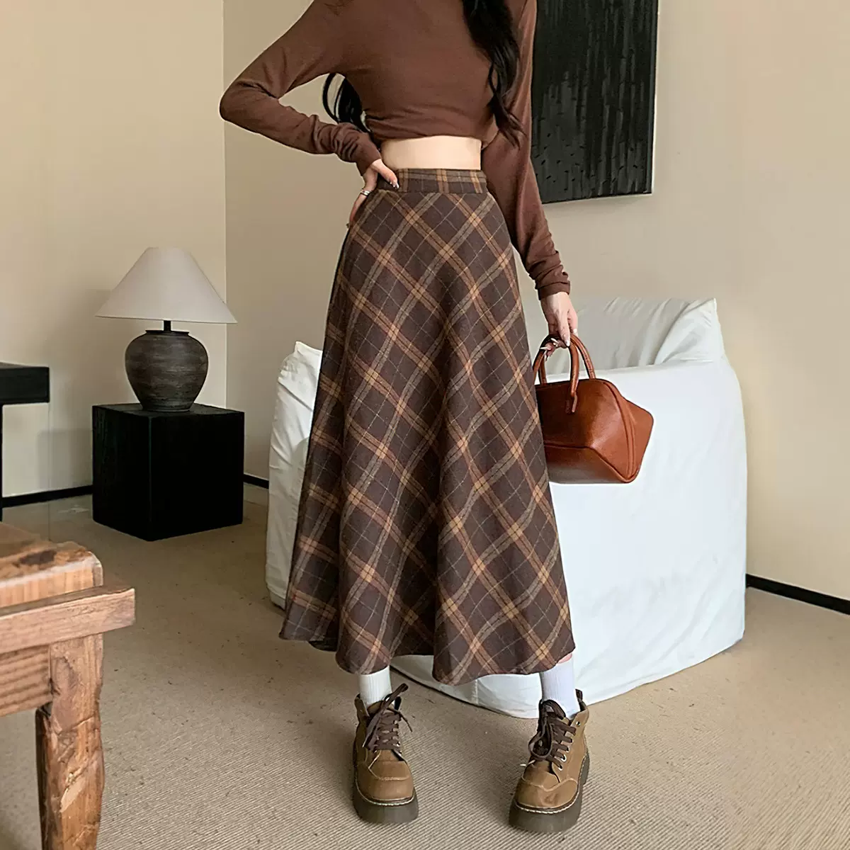 英伦复古高腰毛呢格纹半身裙女早春新款显瘦慵懒学院风a字中长裙