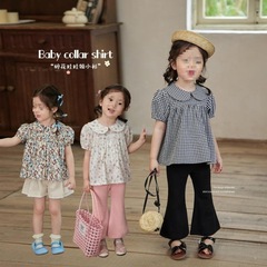 寶寶碎花娃娃衫女童森系夏季新款嬰兒翻領小衫襯衣格子0095A023