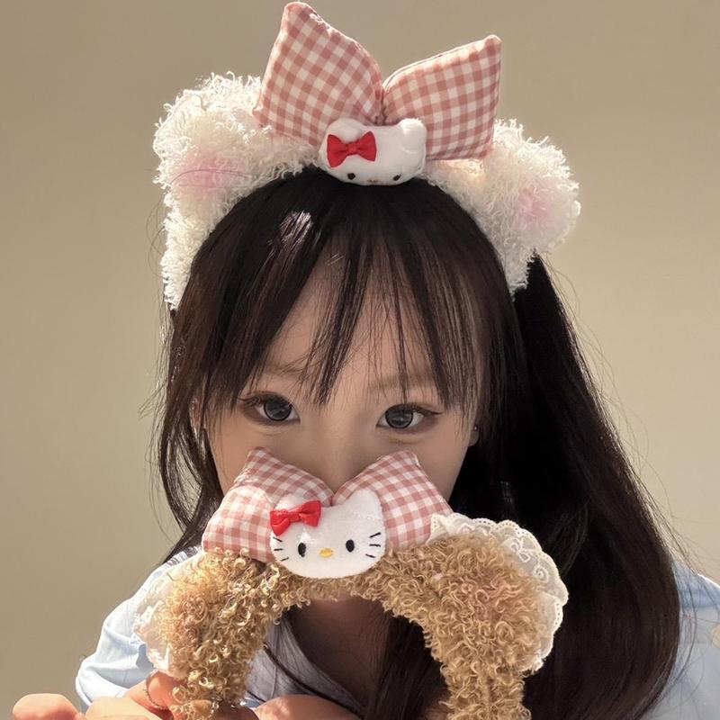 2025甜美卡通凯蒂蝴蝶结毛绒发箍女可爱高颅顶头饰洗脸化妆新头箍|undefined
