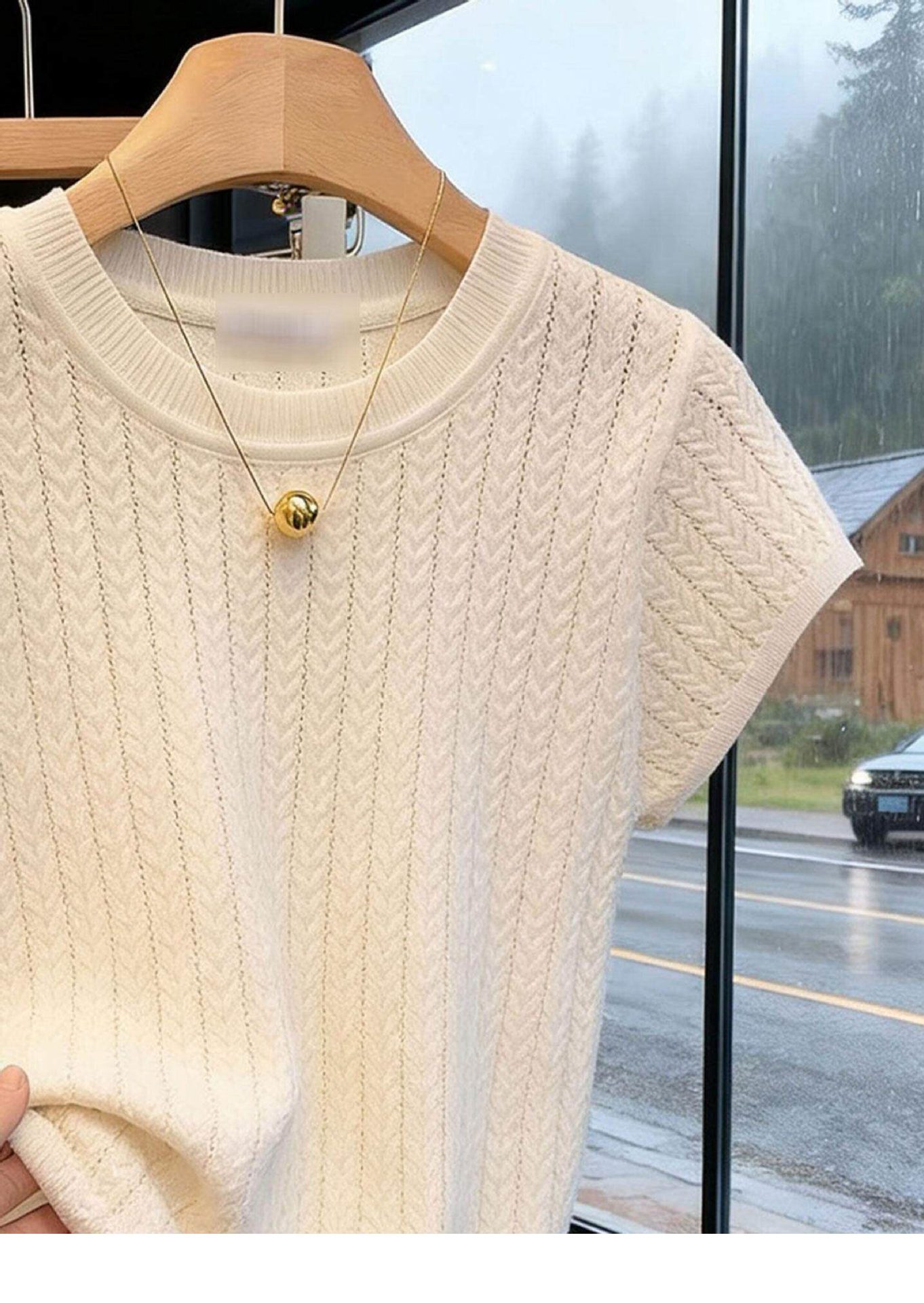 Áo thun tay ngắn dệt kim sợi mát cho nữ, thiết kế cut-out phong cách Pháp — màu đen chi tiết 3