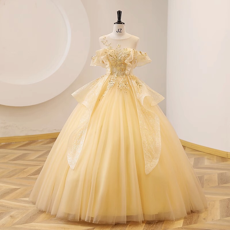 New Evening Dress with Colorful Tulle in Yellow for Students' Vocal Performance Exam, Bel Canto Solo Performance, and Host's Annual Meeting