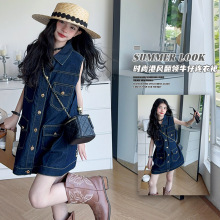 高级感深蓝色无袖连衣裙女童夏季新款韩版休闲遮肉宽松显瘦牛仔裙