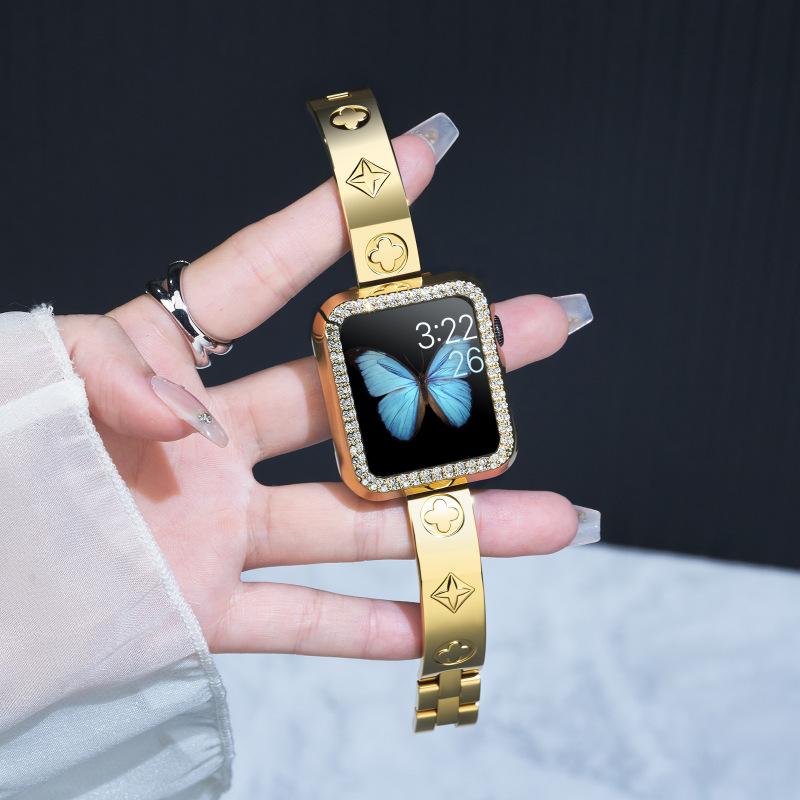 Lv Style Golden Four-Leaf Clover Diamond-Encrusted Metal Watch Band and Case Set for Apple Watch Series 1-11 Se Protective Case