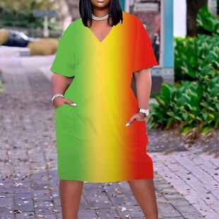 Source Factory European and American Women's Large Size V-neck Dress Rainbow Color Digital Printing Short Sleeve Women's Long Dress