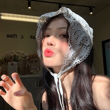 法式田园风三角头巾女白色蕾丝头巾三角形头饰旅游百搭包头三角巾