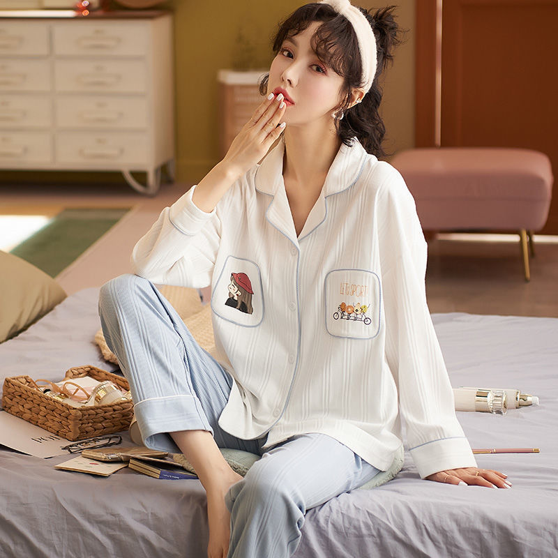 100% pijamas de algodón Primavera y otoño de las mujeres de manga larga coreana dulce princesa estilo cardigan desgaste del hogar traje de dos piezas