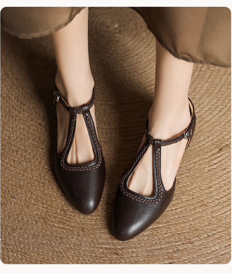 Sandal nữ quai ngang mũi nhọn da cừu đế xuồng gót 4.5 cm — nâu chi tiết 10
