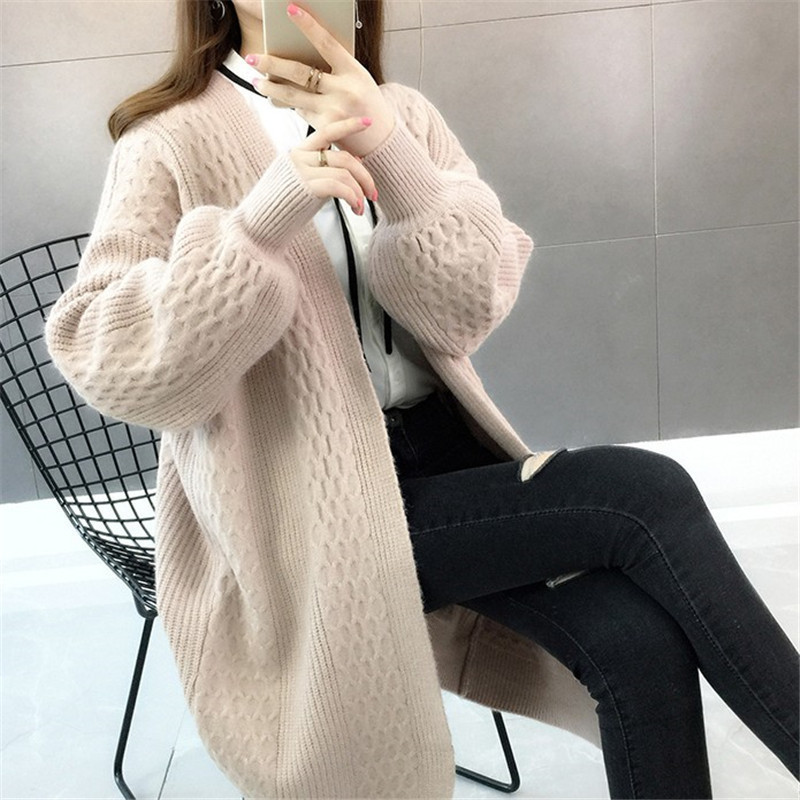 Korean Style Autumn and Winter V Neck Pure Color Puff Sleeve Knitted Cardigan Women's New Loose and Fashionable Mid-Length Sweater Jacket
