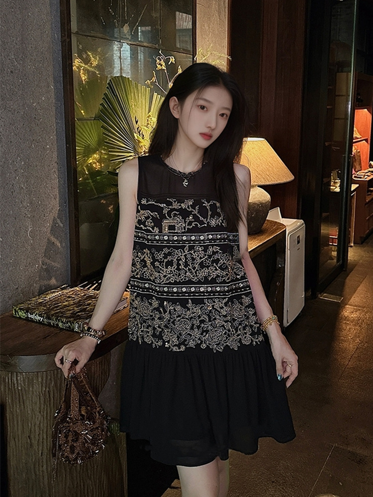 Đầm maxi nữ phong cách Trung Hoa thêu đính cườm retro mùa hè — Màu cà phê mẫu ngắn, Màu đen mẫu ngắn, Màu mơ mẫu ngắn, Màu đen dáng dài