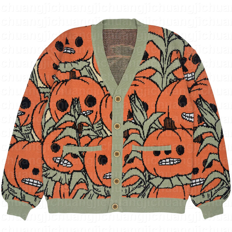 European and American Cross-border Autumn and Winter Loose Jacket Knitwear Halloween Funny Pumpkin Jacquard Long Sleeve Cardigan Sweater in stock