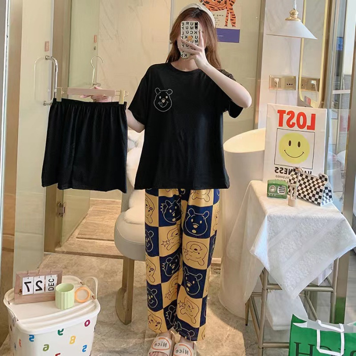 越境ライブ 夏用パジャマ レディース 半袖 ショートパンツ 3点セット ゆったり 韓国風 学生 ホームウェアセット 外出可|undefined