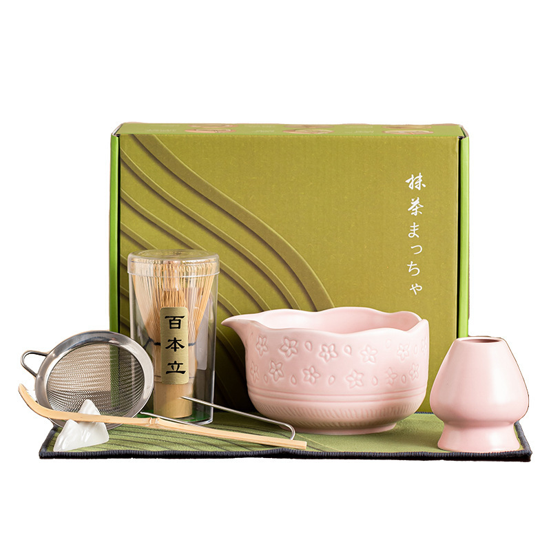 跨境热卖樱花粉色抹茶套装工具七件套百本立茶筅立茶拨鹰嘴抹茶碗|undefined