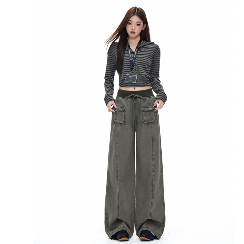 Juvenile Orange # Deconstructed patchwork mid-low waist wide-leg cargo pants for women, loose fit, slimming, unique, trendy, versatile, floor-length trousers