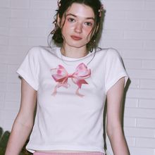 韩国原创小众设计23夏夏日辣妹短款上衣蝴蝶结圆领短袖T恤少女