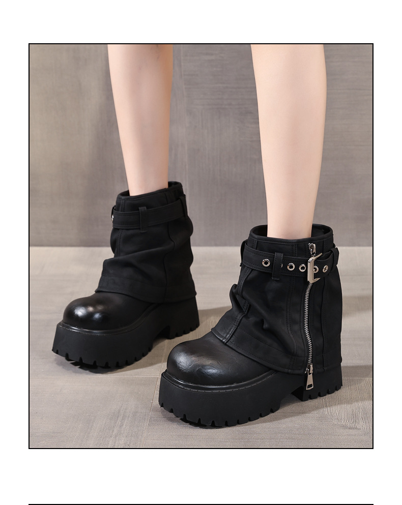 Giày boot nữ cổ thấp đế dày tăng chiều cao phong cách thường ngày — màu đen chi tiết 14
