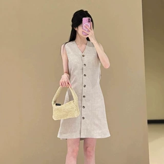 C家亚麻色小伞裙单排扣收腰系带短裙V领无袖26夏季新品1283658001