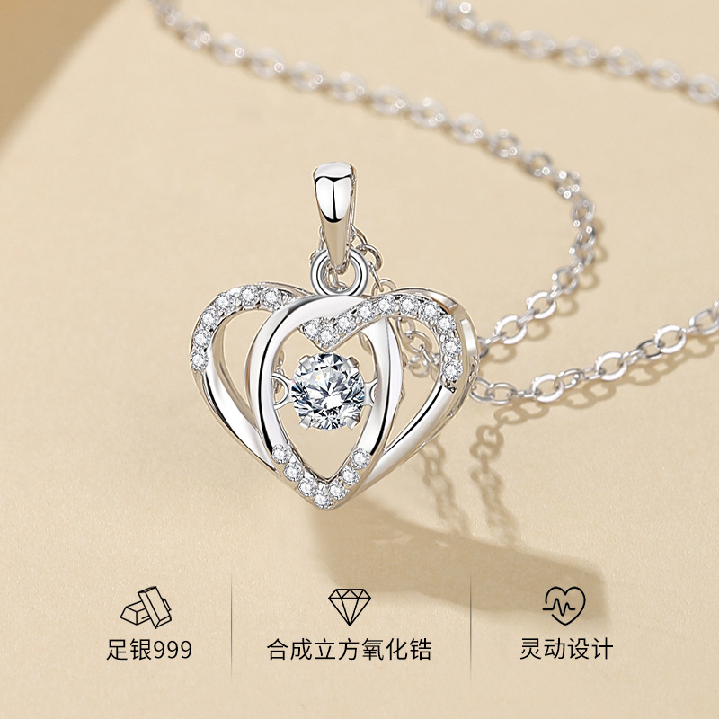 999 Silver Beating Heart Necklace Women's Smart Heart-shaped Autumn and Winter Collarbone Chain Valentine's Day Gift Zirconium Pendant