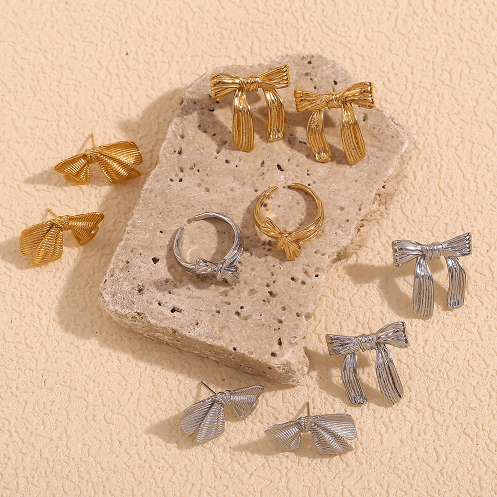 Bow Ribbon Stainless Steel Earrings And Ring