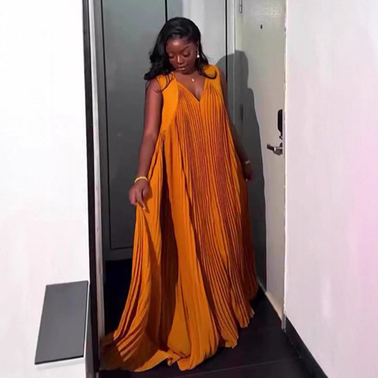 Women's Clothing Plus Size Women's Summer Fashion Loose Pleated Full Skirt American Style African Print Dress_voghion.com