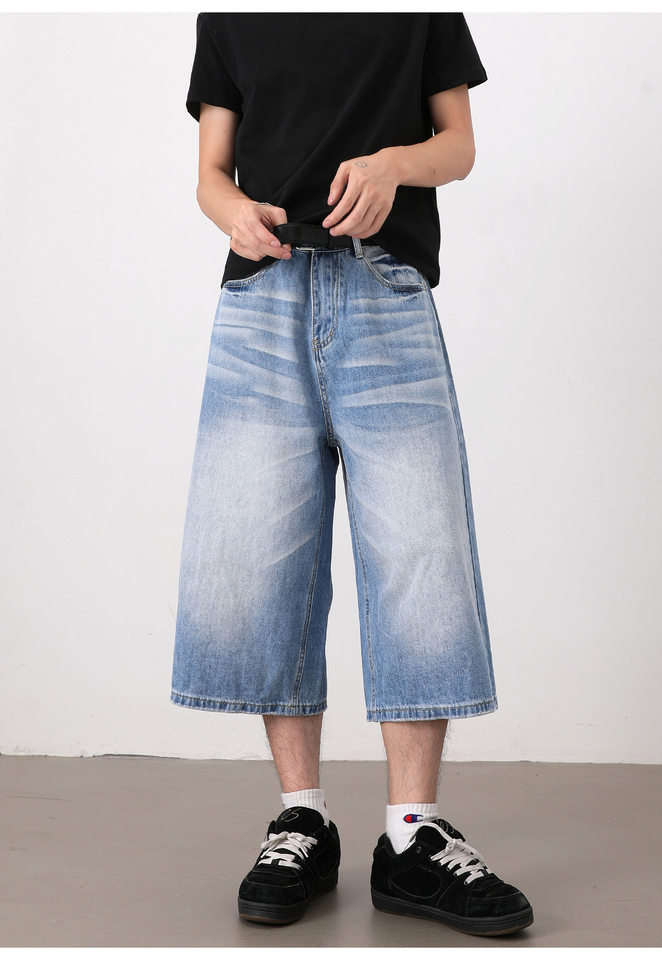 Quần short jeans nam ống rộng dáng lửng phong cách retro giặt mài — Màu xanh dương, Xanh nhạt chi tiết 13