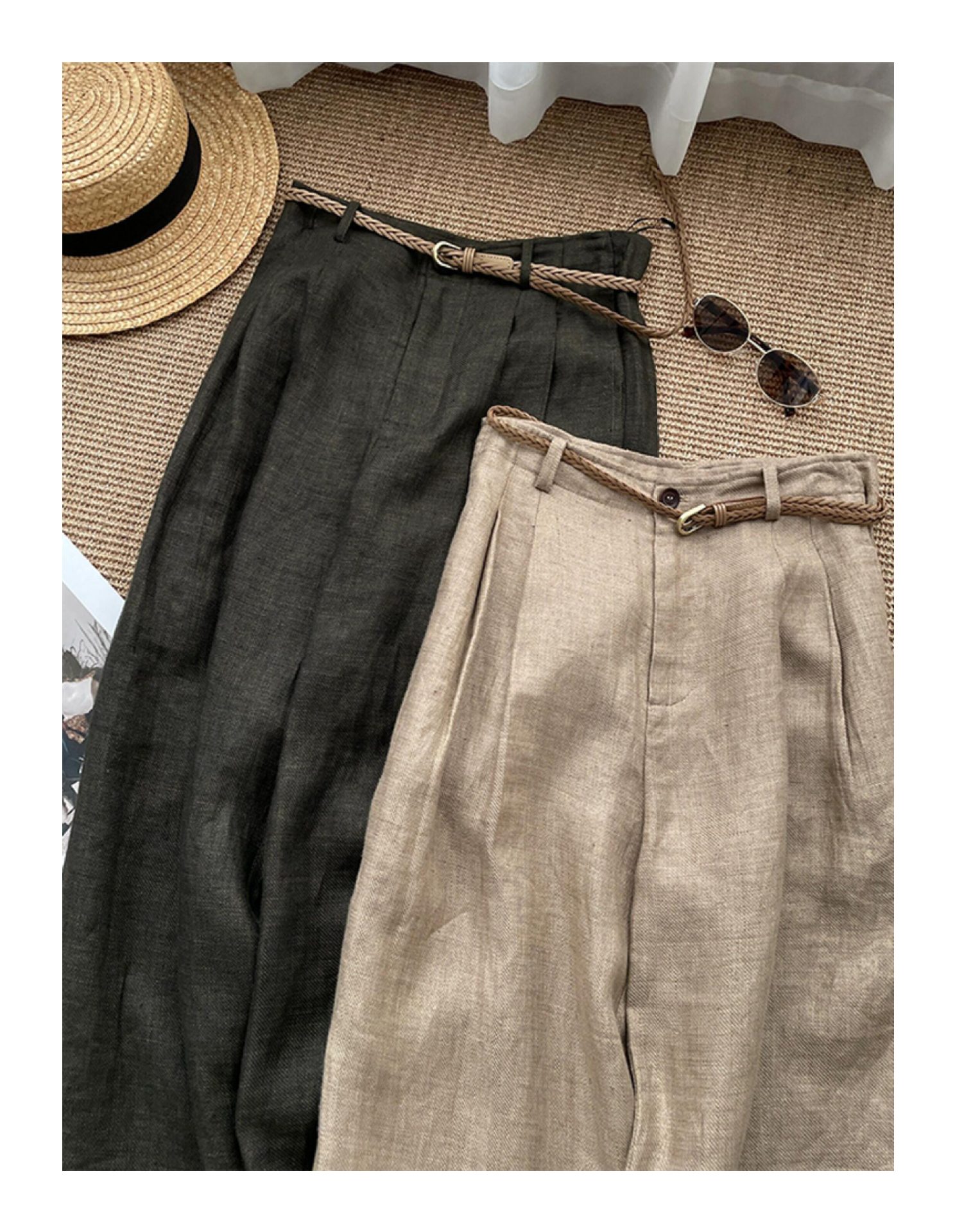 High Waisted Slimming Khaki Linen Wide Leg Pants For Women Trendy Relaxed Straight Leg Casual Trousers_ecoleips.com