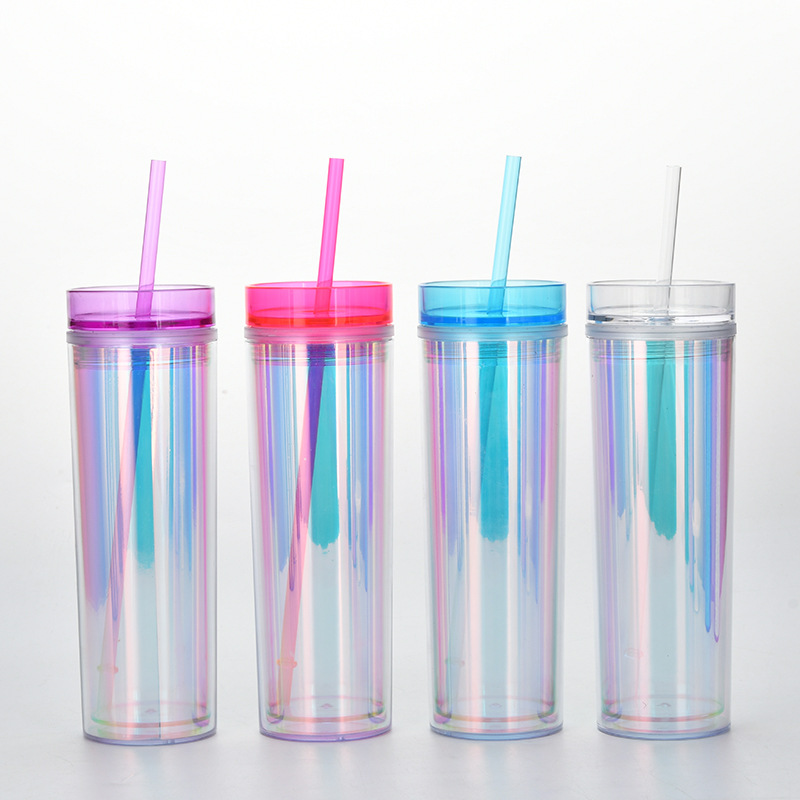 New Products In Stock Skinny Straight Body Double Plastic Straw Cup 450ml Adjustable Water Cup Magic Color Laser Drink Cup display picture 1