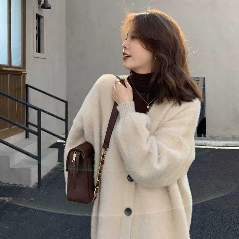 Мягкий вощеный флисовый свитер из норки, пальто, Женский слегка пухленький свободный ленивый V-образный вырез, свитер с длинными рукавами, кардиган