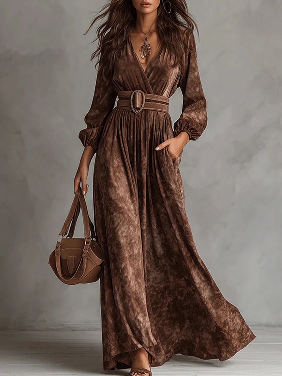 2025 European and American Women's Clothing French Style V Neck Long-Sleeved Waist Digital Printing Slimming Look A-Line Dress Long Skirt