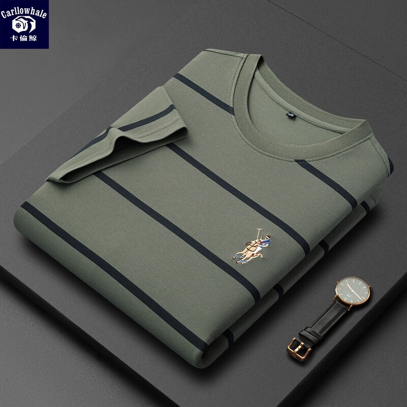 Karen Whale 2024 New Summer Short-sleeved T-shirt Men's Pearl Cotton Lapel Striped Men's T-shirt Embroidered Paul