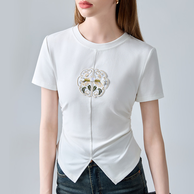 Nueva camiseta china de manga corta para mujer 2024 nueva ropa de mujer ligera de estilo nacional bordado de cuello redondo camiseta de cintura dividida