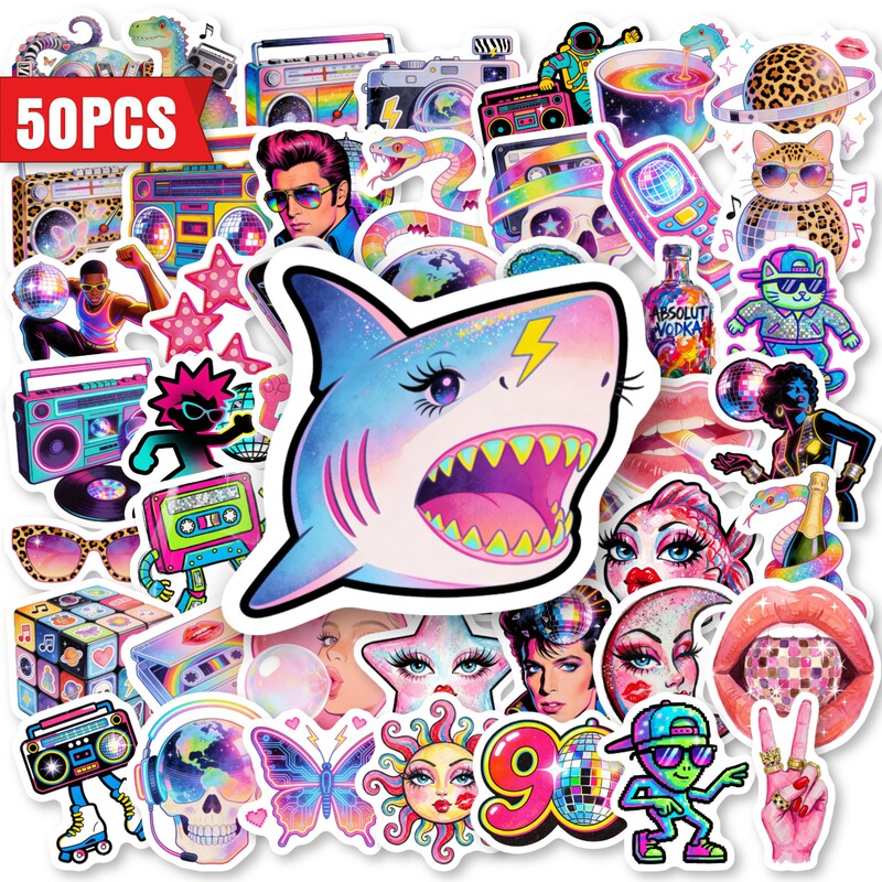 Cross-Border Direct Purchase of 50 Pieces of 90S Disco Nostalgic Graffiti Stickers for Notebook, Water Cup, Phone Case Decoration, Waterproof Stickers