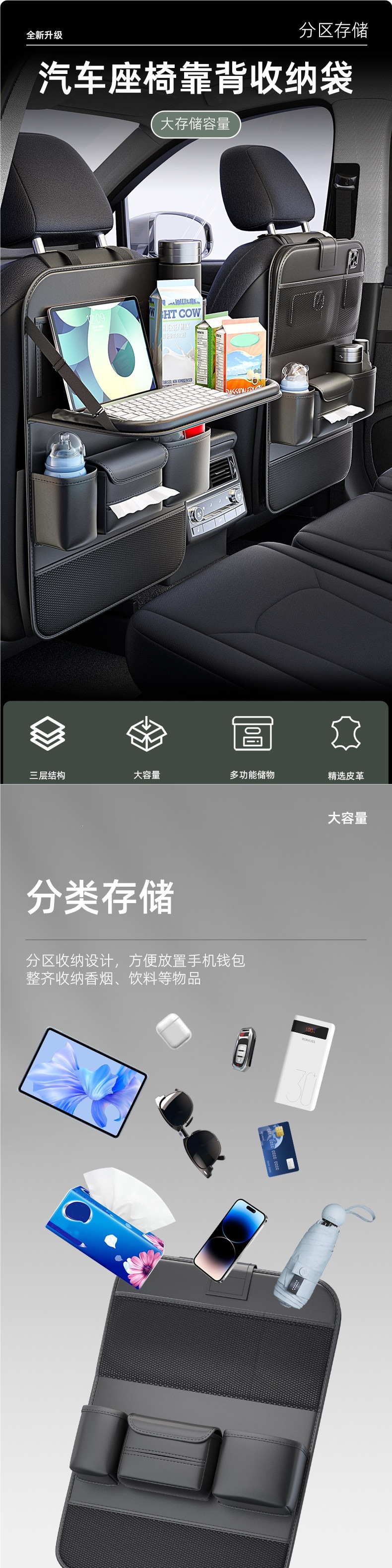 Car seat back storage rack, foldable small table for the rear seat, seat back storage hanging bag, storage and eating accessory