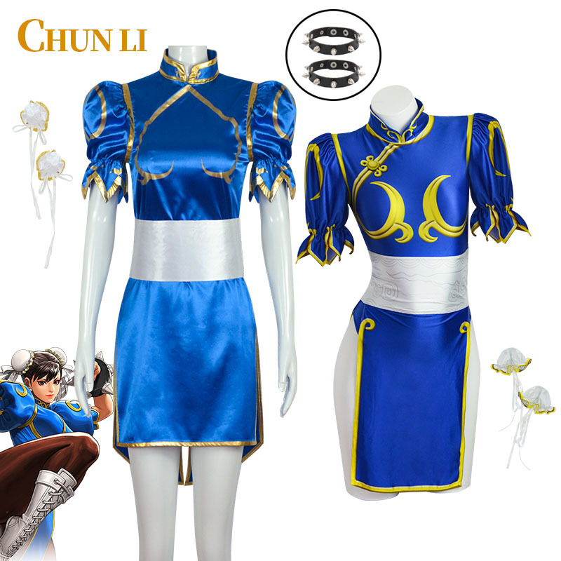Chunli cos Clothing Street Fighter Large Full Set cosplay Cheongsam Halloween Sexy Set Bracelet Headwear