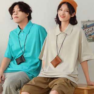 Drop Shoulder Pure Cotton Polo Shirt Pure Color Loose Work Clothes Printed Logo Embroider Advertising Shirt Class Uniform Wholesale
