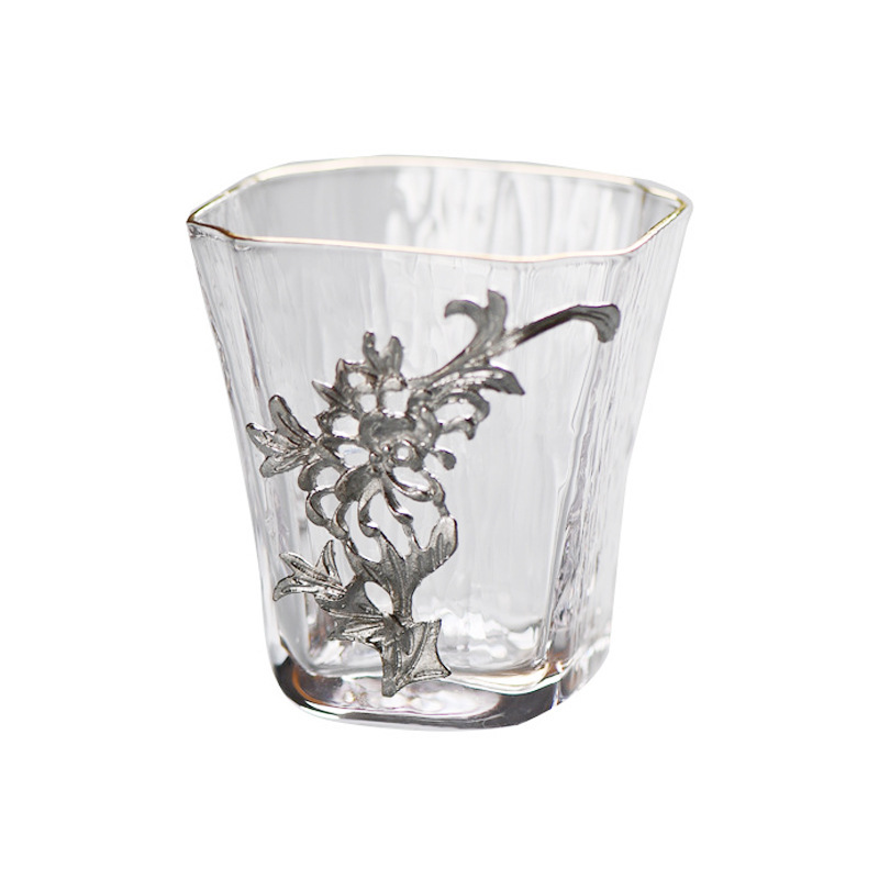 Juego de té de cristal creativo orquídea ciruela crisantemo de bambú taza de té de cristal estaño cuatro caballeros pintura de oro Kung Fu taza de té
