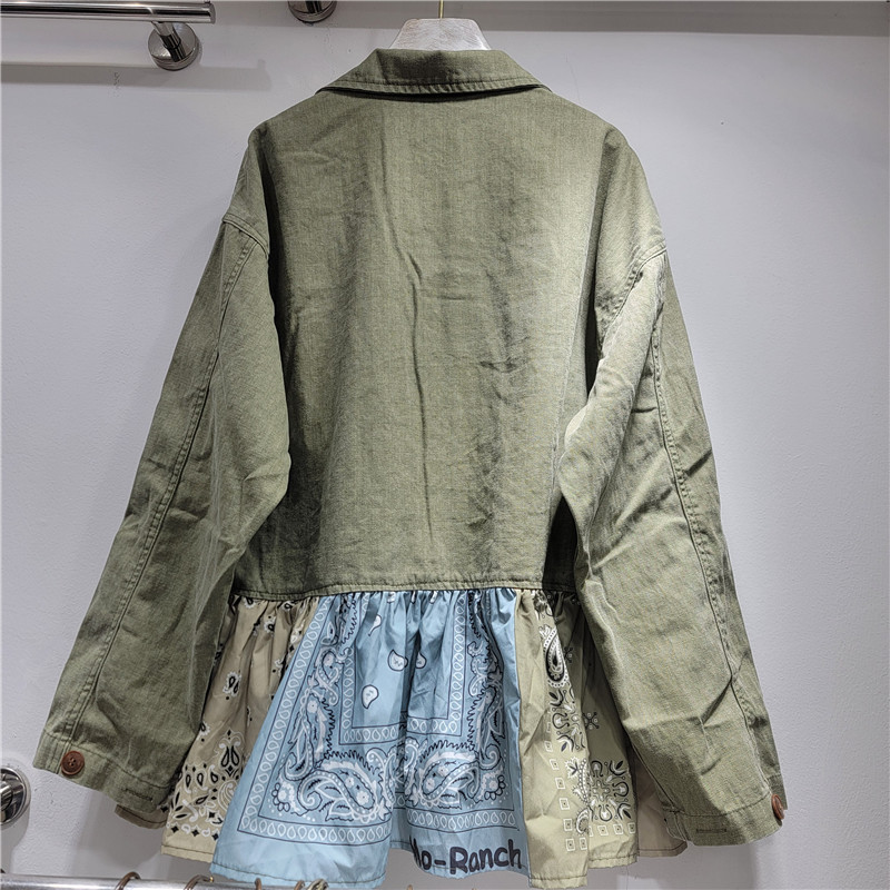 2025 otoño nuevo ejército verde empalme flor de caju color contraste chaqueta denim retro diseño sensación de nicho