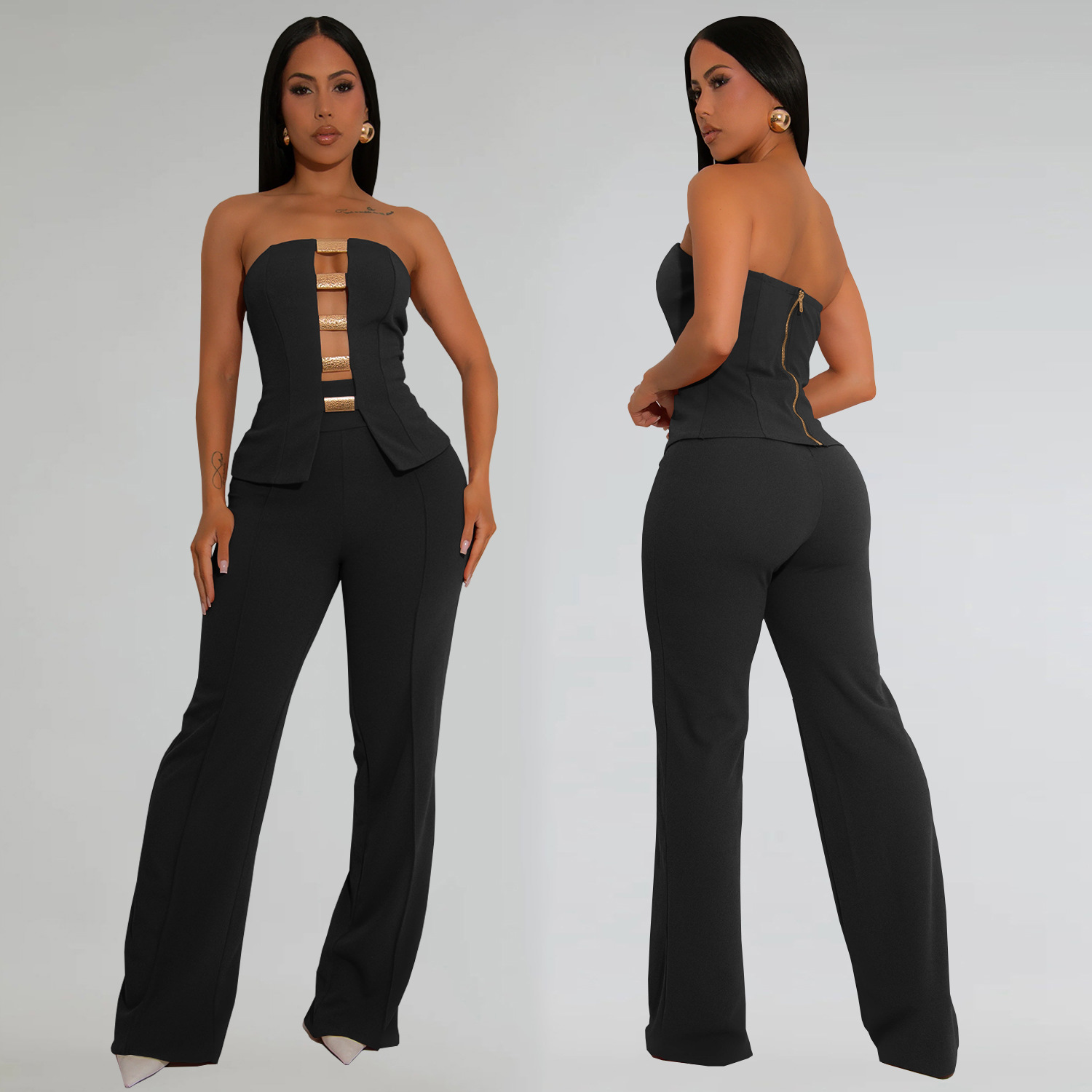 C7367 Cross-border AliExpress Amazon Ropa de mujer de moda europea y americana Top de tubo sexy Botón dorado Pantalones de brazo de dos piezas
