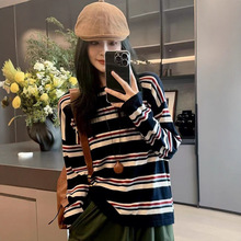 初秋女装松弛针织套头衫条纹设计感慵懒新款宽松毛衣长袖t恤上衣
