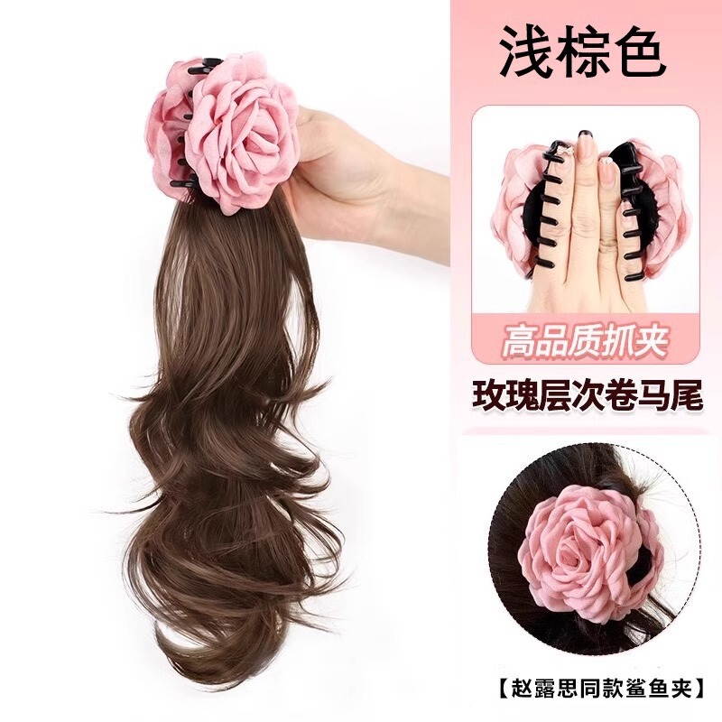 ウィッグポニーテールレッドローズフラワーヘアピン女性のサイドクリップ少しカーリーウィッグポニーテール人工毛グリッパーポニーテール|undefined