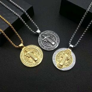 European and American Cross-border Jewelry Stainless Steel Cast St. Benedict Exorcism Brand Double-sided Pendant Necklace