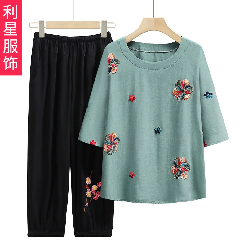 Летний Новый женский костюм-футболка больших размеров с рукавами три четверти в этническом стиле с вышивкой и вышивкой для мамы, топ в западном стиле