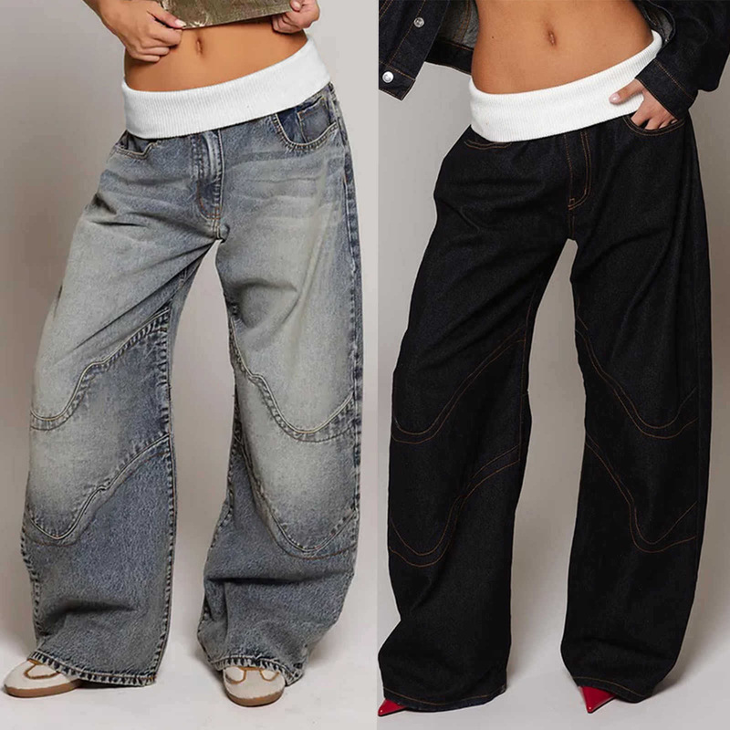 Cross-Border Ozon Foreign Trade American-Style Trendy Revice Denim Wide-Leg Long Pants with Ribbed Waistband and Embroidered Jeans Cross-Border Ozon Foreign Trade American-Style Trendy Revice Denim Wide-Leg Long Pants with Ribbed Waistband and Embroidered Jeans