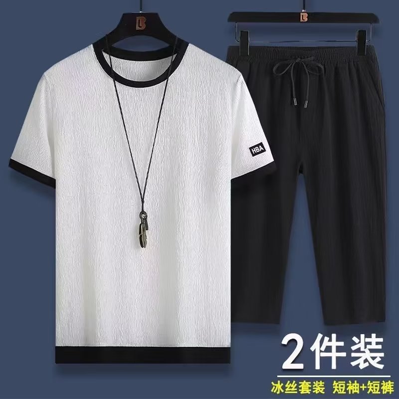 Ice Silk suit Men's Summer Loose Leisure Sports Set of Men's Short-sleeved T-shirt Seven-point Shorts Two-piece suit