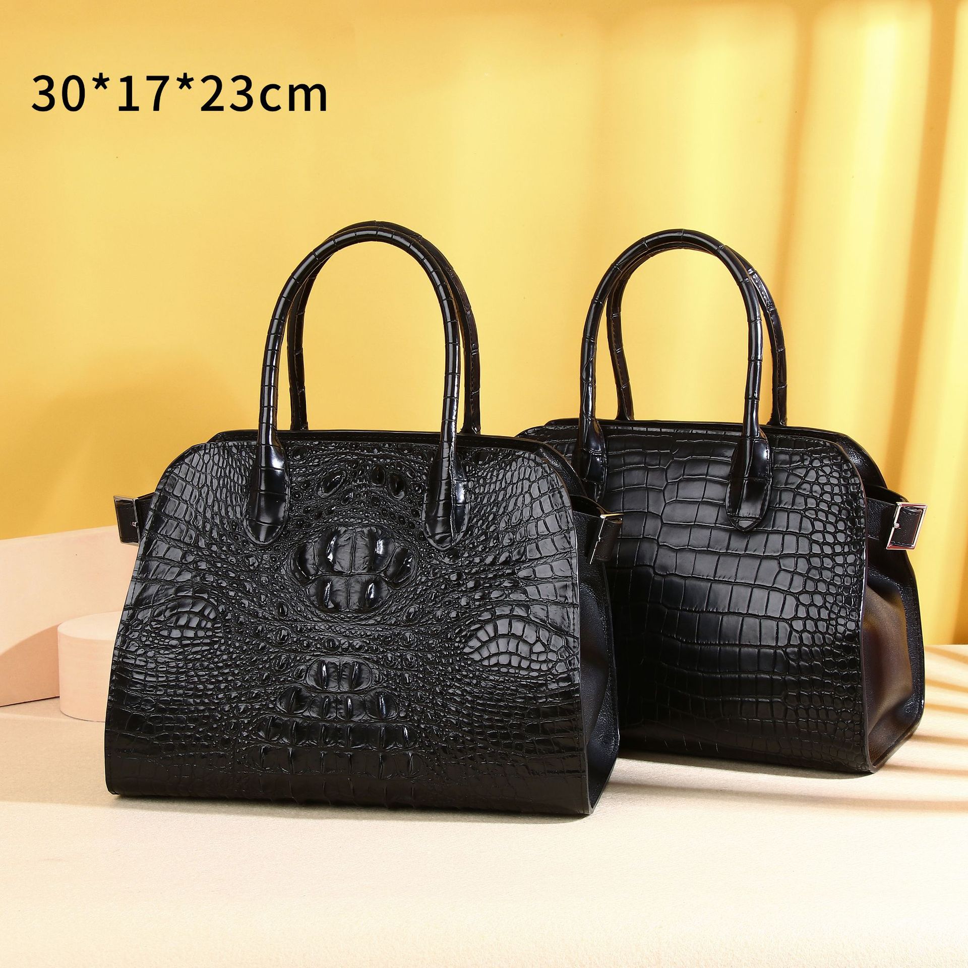 Túi tote da thật nữ họa tiết cá sấu Xiêm, đeo vai đeo chéo thời trang — xương sống đen, hình xăm bụng đen, 30*17*23cm