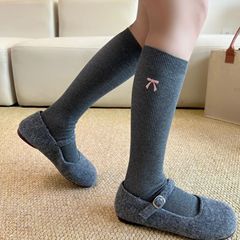 灰色系小腿袜子女蝴蝶结长筒袜miu系简约风高筒袜纯棉女士美腿袜