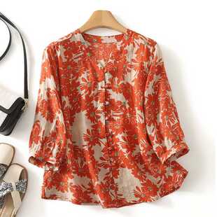 Lined Real-Shot Printed Shirt for Women with Three-Quarter Sleeves 2025 Summer New Style Exquisite Neckline Retro Large Flower Top