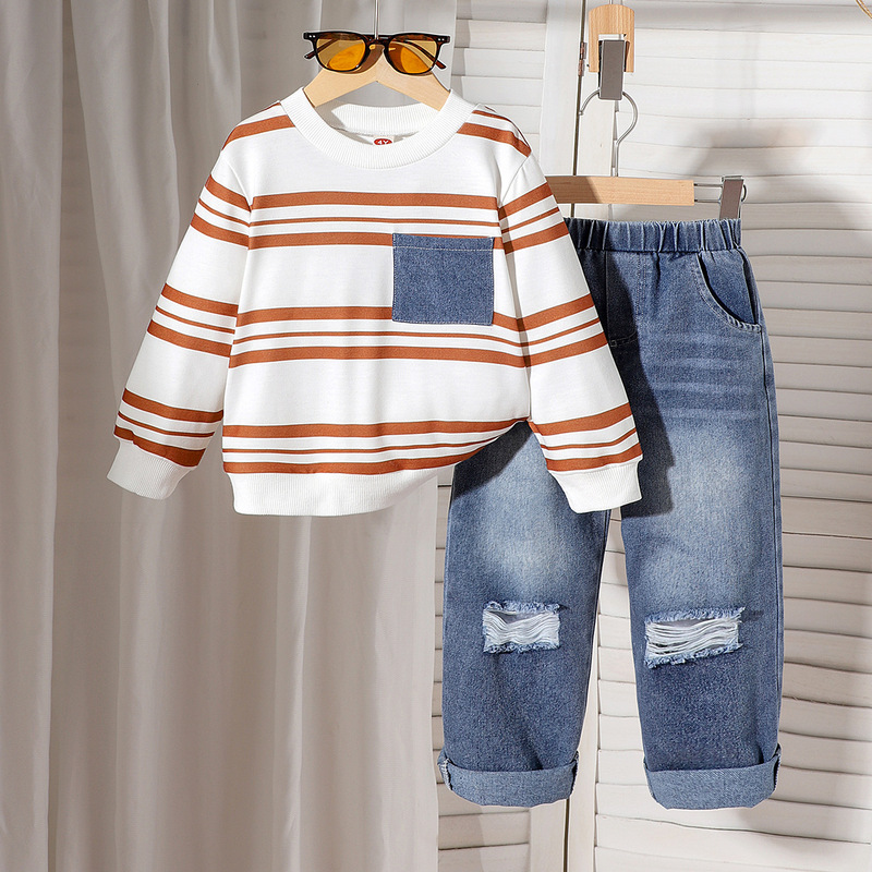 Children's clothing  SHEIN跨境女童套装条纹长袖卫衣+蓝色长裤|undefined
